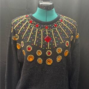Embellished Black Sweater with Multicolor Accents
